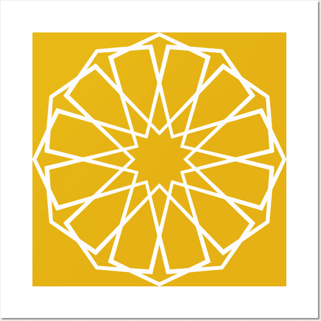 White Islamic Geometric Pattern Stars on Yellow Background Wall Art by Tilila